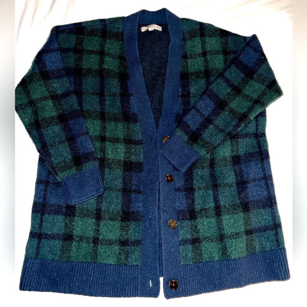 LOFT Green Blue Plaid Button up Oversized Boyfriend Cardigan Size Extra Large XL